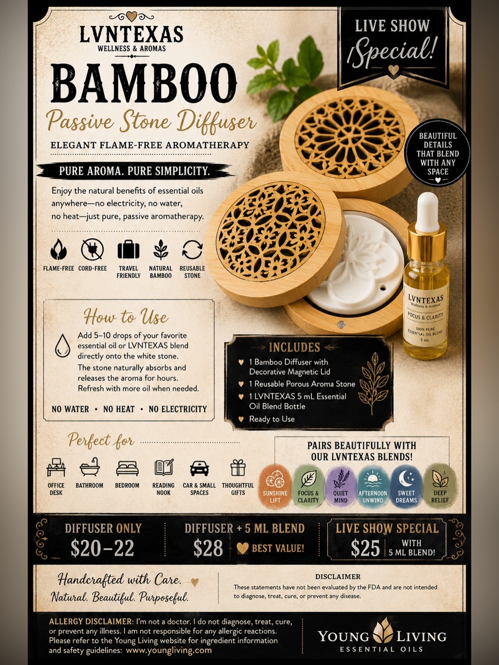 🌿 LVNTEXAS Bamboo Passive Stone Diffuser Kit